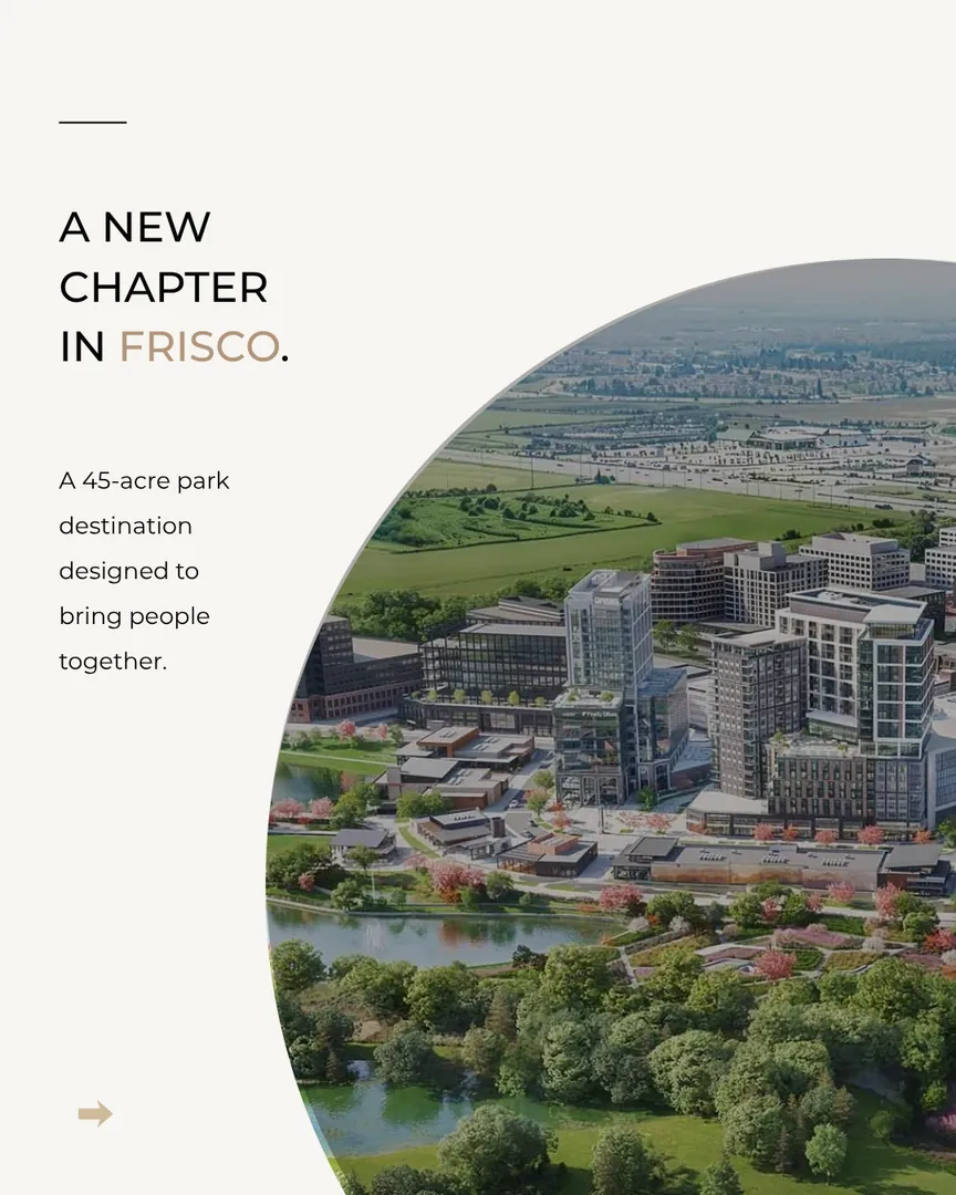 Aerial rendering of a 45-acre park development, titled A New Chapter in Frisco.