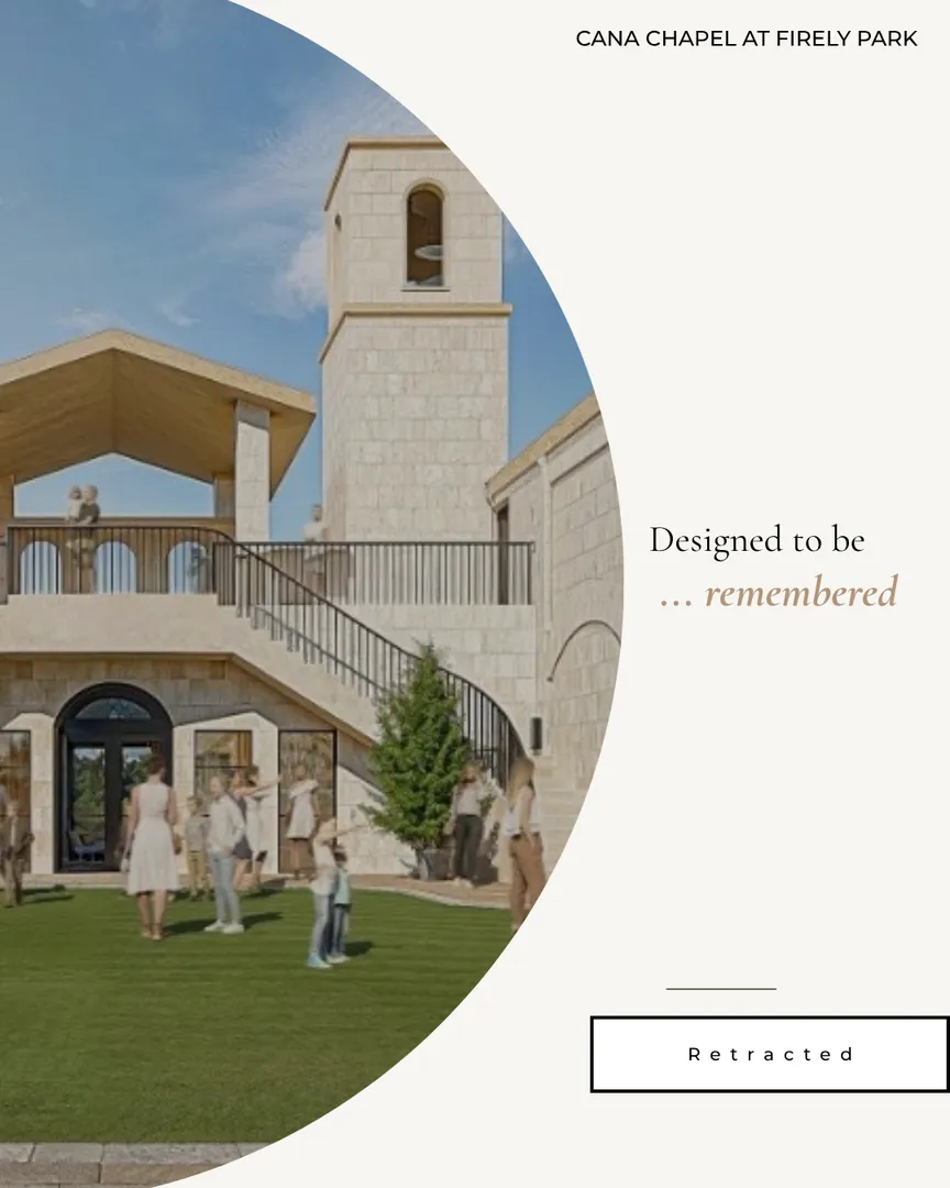 Exterior rendering of the chapel venue, captioned Designed to be remembered.