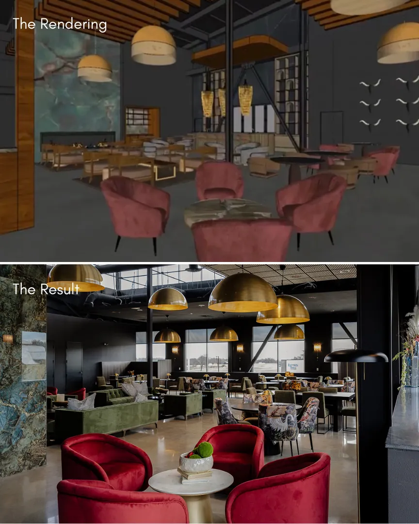 Lounge rendering above the finished lounge with red velvet chairs and brass pendants.