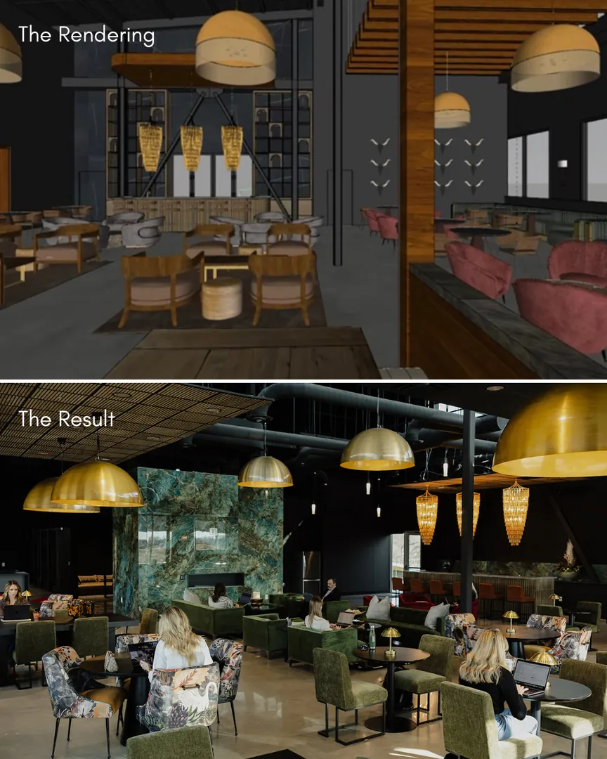 Rendering of the seating area above the completed space with green marble wall.