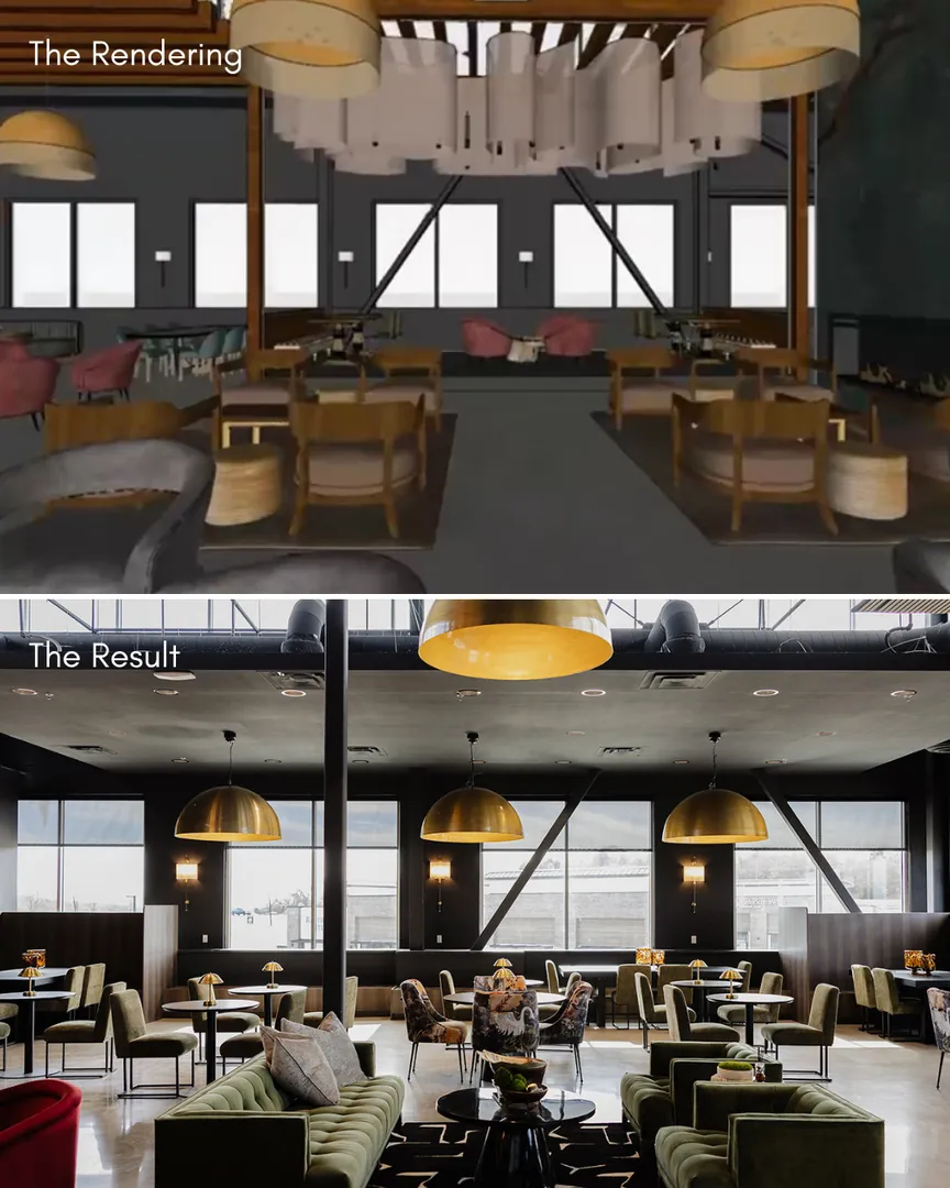 Rendering of the main room above the finished room with brass dome pendants.