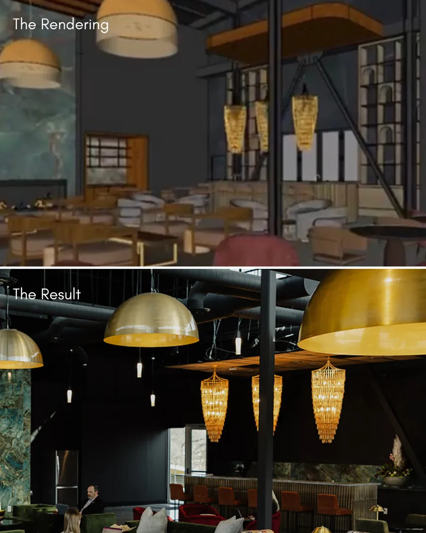 Rendering of the bar corner above the finished corner with crystal chandeliers.